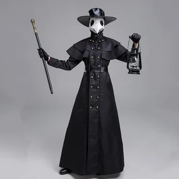 Женствена рокля на Хелоуин за възрастни халат мода черен шиене с дълъг ръкав двубортный дълъг глезена чума д-р птица възрастен рокля