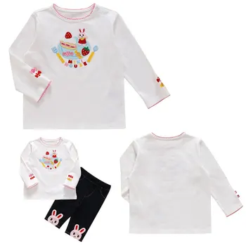 Дрехи за момичета от 1 до 6 години, японската марка, Дизайнерска тениска с дантела, Принцеса, Сладък Заек и кенди Бродерия с Дълъг ръкав и кръгло деколте