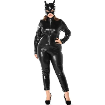 Плюс Размер Секси Жена Котка Cosplay Custumes Черен Гащеризон От Изкуствена Кожа, 2 бр. Компл Хелоуин Cos Карнавальная Маскиране