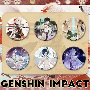 Genshin Impact Икона Kazuha Xiao Ayaka Raiden Shogun Venti Етер Аниме Илюстрация Метална Брошка Cosplay Жени Декор Дрехи Подарък