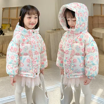 2022 Зимни Нова детски дрехи с памучна подплата, Удебелена сладка Къса памучен яке с качулка в цветенце за момичета, палто