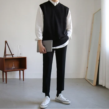 Пуловер-Мъжки Елек Обикновен Универсален с V-образно деколте, Обикновен Мъжки Блузи Без Ръкави, на База Уютен Корейски Стил, Ins, Вязаный за Почивка, Големи Размери на M-3XL