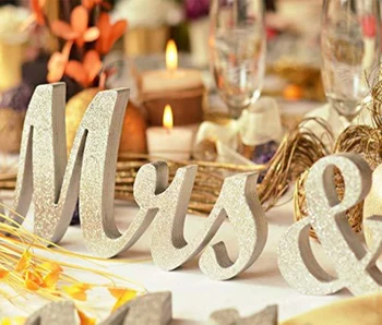 Дървена Сватба Знак Mr & Mrs, Златна Блестяща Сватбена Табела с Букви, Табели с Надпис: 