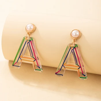HuangTang Нов Дизайн на Цветни Прозрачни Акрилни Висящи Обеци с Букви във формата на Капки за Жени И Момичета, Перлени Обеци, Очарователни Бижута