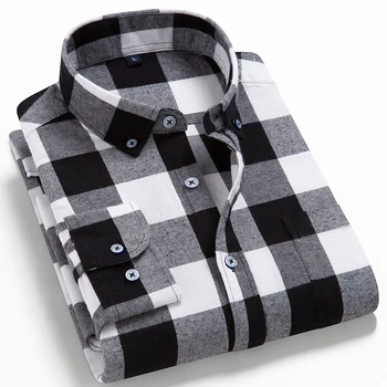 Мъжки Модни Фланелевая Риза с дълъг Ръкав и един джоб, Удобни Ежедневни Ризи в Клетка от 100% Памук, Приталенного Намаляване на копчета