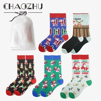 CHAOZHU Коледен Подарък Чорапи-5 Чифта/пакет Мъжки Весела Коледа Забавен Анимационен Скейтборд Празнични Комплекти от Чорапи За Мъже