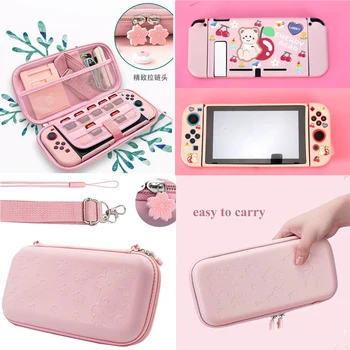 8 В 1 Сладка Розова Сакура Преносима Чанта За Съхранение Чанта за Носене на Nintendo Switch Lite Игрови Аксесоари Мек Калъф от TPU