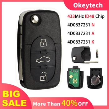 OkeyTech 3 Бутона 433 Mhz Флип Авто Дистанционно Ключ За Audi A3 A4 A6 A8, TT RS4 Quattro Старите Модели ID48 Чип 4D0837231A 4D0837231K/N