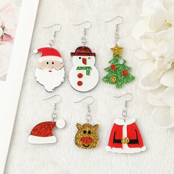 1 Чифт Коледни Висящи Обеци Сладък Дядо Коледа, Снежен Човек Дърво Лосове Бижута Flatback Акрилни Празнични Подаръци