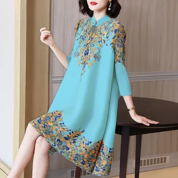 Плиссированное рокля Miyake с принтом в ретро стил, 2022, Дамски Пролетно Облекло, Ново Облекло За Майката на средна възраст, Без Голям Размер, Модни Дрехи, За да се Намали възраст