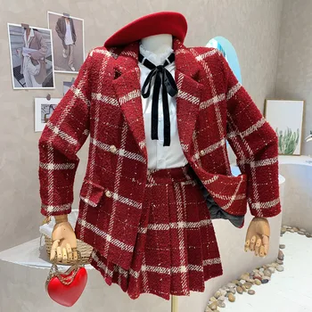 Новост в женски дрехи 2022, зимни червена клетчатая Темпераментен дрехи в западен стил, костюми, палта, плиссированная пола, комплект от две части
