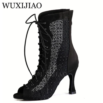 WUXIJIAO/Модерни танцови обувки, Дамски обувки За латино танци, Професионални Обувки За Танци балната зала, Висококачествена Кожа Черна на Окото обувки