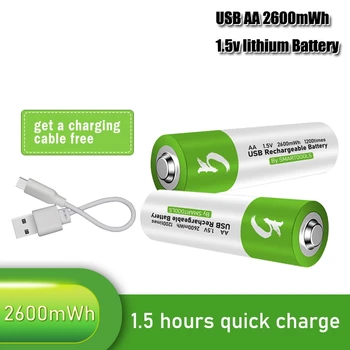 1,5 USB AA литиево-йонна батерия, 2600 МВтч 100% от капацитета на литиево-полимерна акумулаторна батерия USB литиева usb батерия, USB кабел