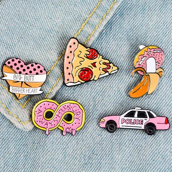 Розовата Колекция от Емайлирани Игли с Ревери Автомобил Банан Поничка Пица Сърцето Брошка Дънки, Риза на Жени Карикатура Бижута Подарък за Приятелите на Едро