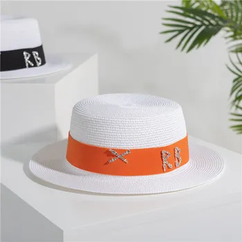 Плажна шапка дамски 2022 нов стил планински кристал писмо плоска шапка нюанс на черно-бяло мъжки сламена шапка цилиндър шапка за мъже