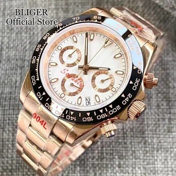 BLIGER Луксозни Модни Розово Злато 39 мм Quartz chrono Мъжки Часовник VK63 Механизъм Сапфир Кристал Бял Черен Циферблат Reloj